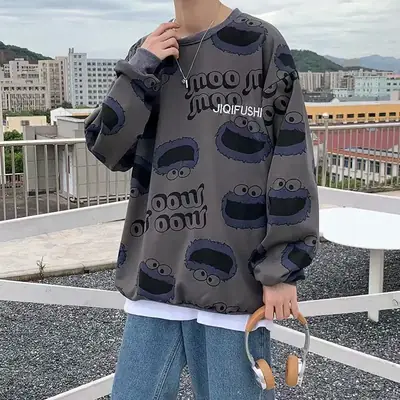 Men Fleece Lined Printed Sweatshirt Winter Warm Loose Fit