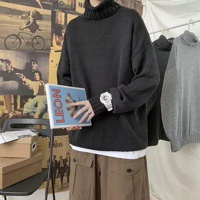 Men Winter White Turtleneck Sweater Loose Fit