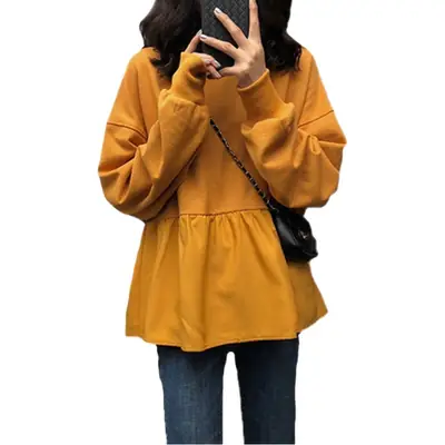 2026 Women Loose Fit Long Sleeve T-Shirt Solid Yellow