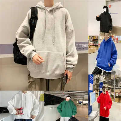 Men Green Solid Color Hooded Sweatshirt Korean Style