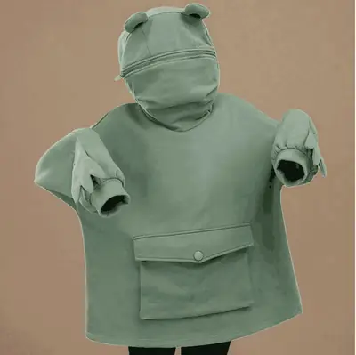 Women Fleece Hooded Coat Green Frog Ear Design