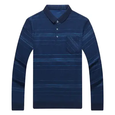 Men Long Sleeve Striped Polo Shirt Blue