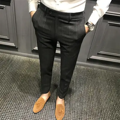 Men Slim Fit Black Casual Pants Korean Style