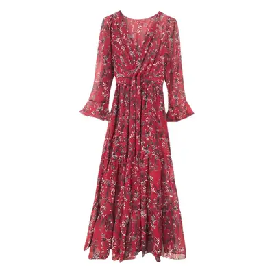 Long Red Floral V-Neck Skirt Suit for Women
