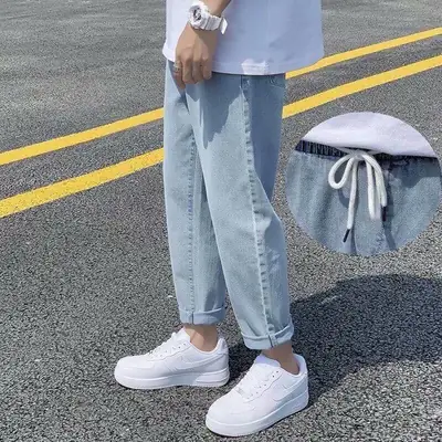 Men's Straight Cut Jeans Light Blue Loose Fit Casual Pants