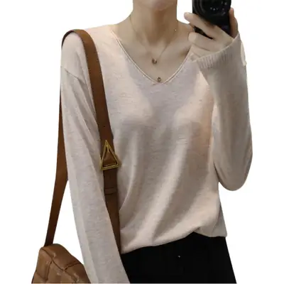 Women V-Neck Pullover Sweater Yellow Knit