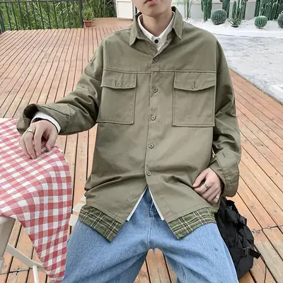 Men's Olive Green Loose Fit Jacket with Plaid Hem