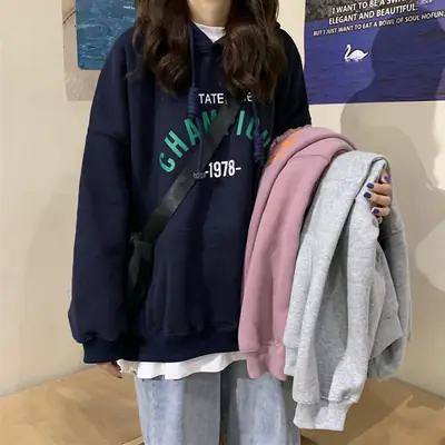 Women 2025 Letter Print Hooded Sweatshirt Navy