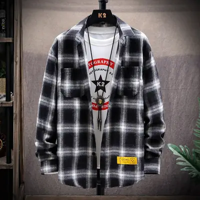 Men's Plaid Long Sleeve Shirt Korean Design Loose Fit
