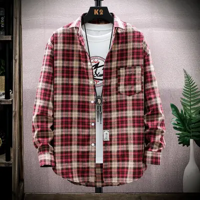 Men's Plaid Long Sleeve Shirt Red Brown Winter Casual Duffian