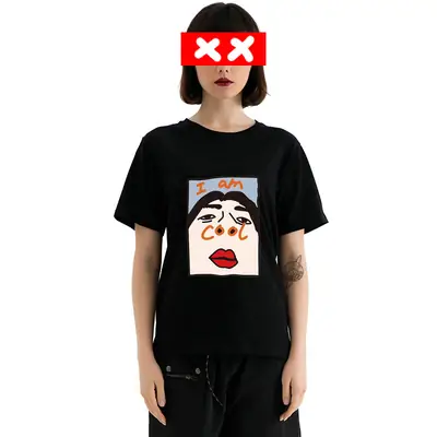 Women Black Cotton T-Shirt Large with Face Print