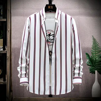Men Striped Long Sleeve Shirt Slim Fit Korean Style