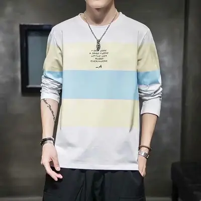 MM Autumn Men Long Sleeve T-Shirt Pink Yellow Striped