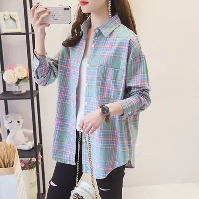 Women Plaid K-Style Shirt Summer 2024 Loose Brushed