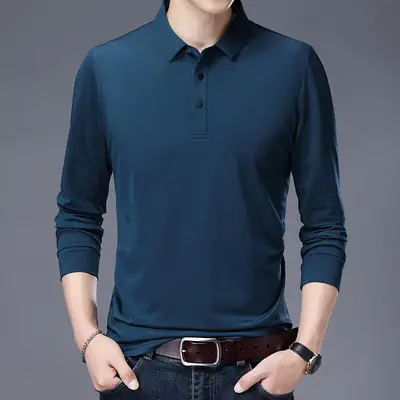 Men Blue Polo Long Sleeve T-Shirt Large