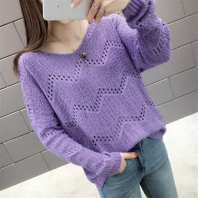 2025 Women's Purple Hollow Knit V Neck Sweater