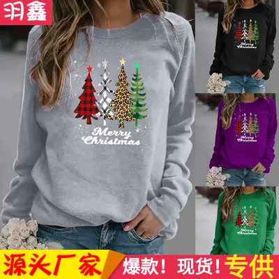 Women Pink Christmas Tree Sweatshirt Long Sleeve Round Neck