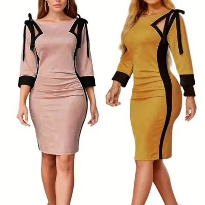 2024 Women's Yellow Black Sleeve Crewneck Hip Commuter Pencil Dress