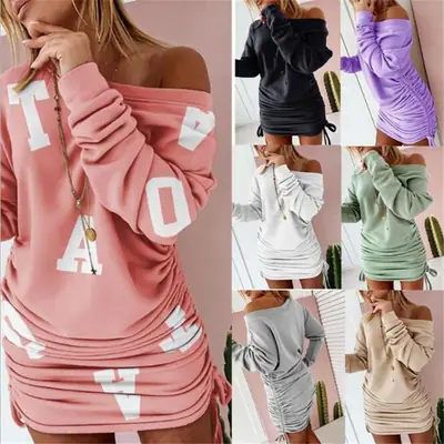 Purple Drawstring Ruched Long Sleeve Dress