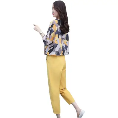 Women 2-Piece Cotton Linen Summer Suit Yellow Geometric Top