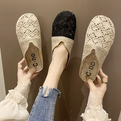Slippers Women's 2020 New Korean Style Shallow Mouth Hollow Straw Breathable Soft Bottom Comfortable Flat Sandals for Students