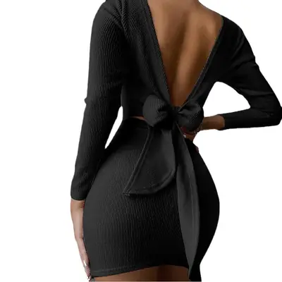 White Drawstring Pleated Long Sleeve Dress for Women