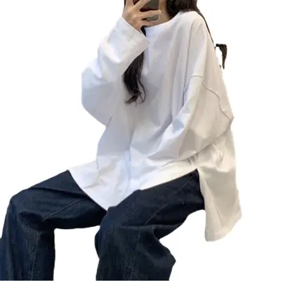 Women Long Sleeve T-Shirt White Korean Style Loose Fit