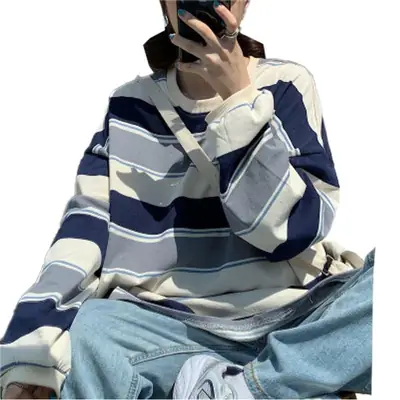 Women Cotton Striped Sweatshirt 2025 Winter Loose Fit