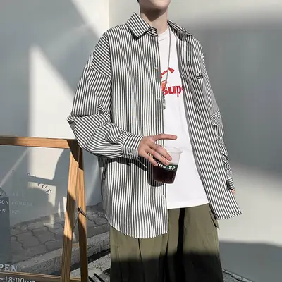 Men Long Striped Shirt White Black Loose Fit Autumn