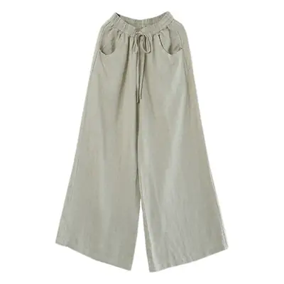 Women Cotton Linen Wide Leg Pants White High Waist
