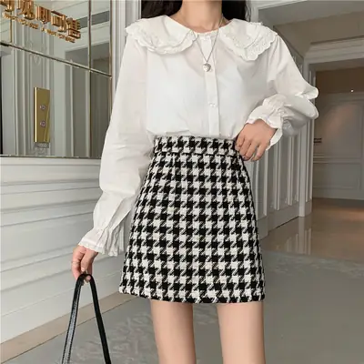 Korean Style Houndstooth Skirt Set 2026 Winter
