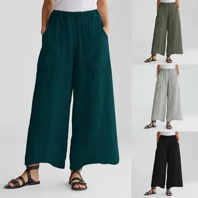 Women Wide Leg Pants Cotton Linen Mid Waist Casual