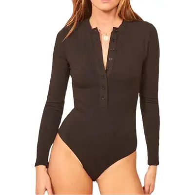 2025 Button Long Sleeve Black Tight Jumpsuit Top
