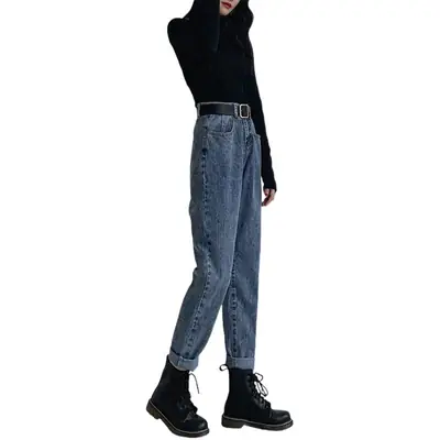 Women High Waist Straight Jeans 2020 Winter Autumn