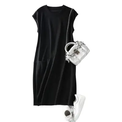 Women Loose Slimming Black T-Shirt Dress Mid-Length Korean Style
