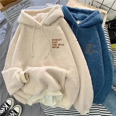 Furry Hooded Fleece Sweatshirt for Women Students Winter Warm