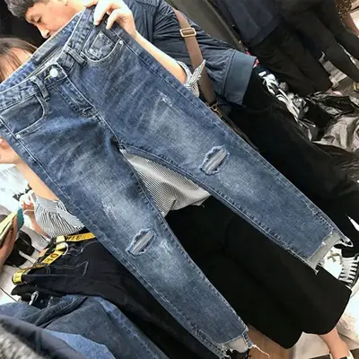 Women Ripped Cropped Jeans High Waist Slim Fit Black