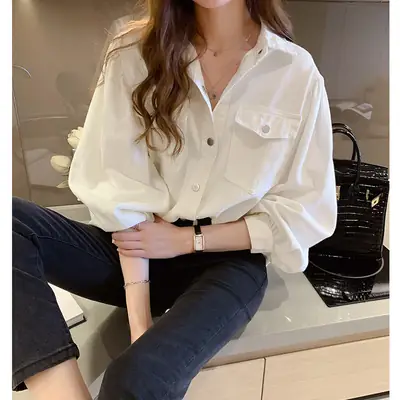 White Loose Long Sleeve Women's Shirt Denim Bottom