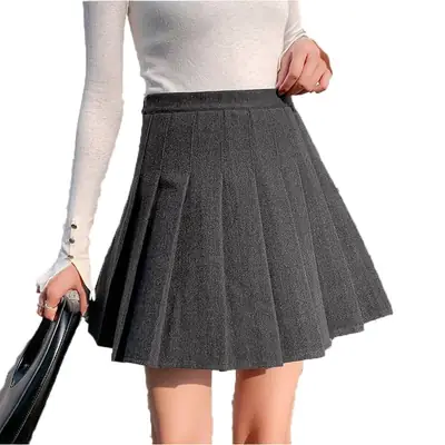 Women Woolen Pleated Skirt Black High Waist