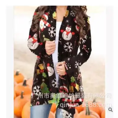 Women's Christmas Digital Print Long Sleeve Cardigan Blue