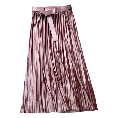 Golden Velvet Belt Pleated Skirt Mid Length High Waist