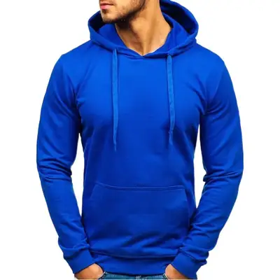 Blue Hooded Pullover for Men Solid Color Loose Fit