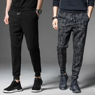 Men's Black Warm Full-Length Track Pants with Drawstring Waist