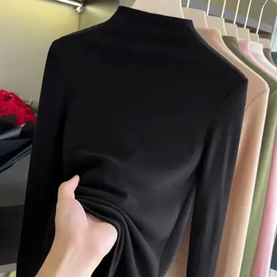 Women's Black Velvet Neck Shirt 2024 Winter Warm Skin-Friendly
