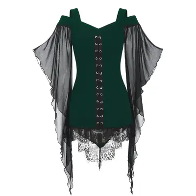 Black Gothic Swing Sleeve Chiffon Top with Lace Trim
