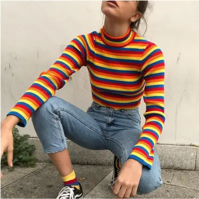Women's Striped Cotton Sweater Top with High Waist Jeans