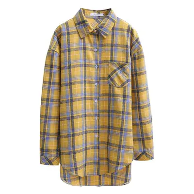 Women Plaid Long Sleeve Shirt Pink Blue Loose 2025