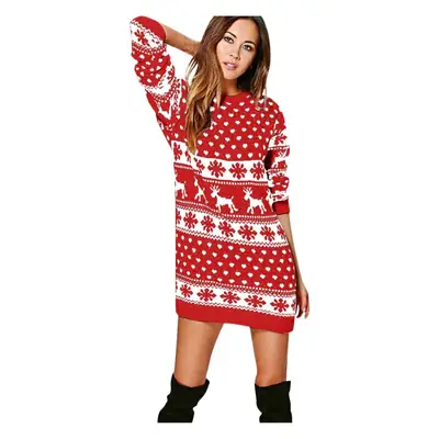 Women's Green White Christmas Print Long Sleeve Dress