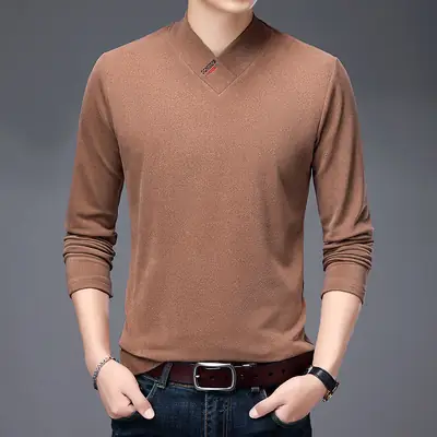 Men V-neck Velvet T-Shirt Green Oblique Collar Long Sleeve