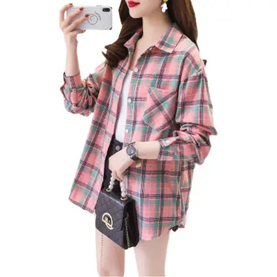 Women Cotton Plaid Shirt Yellow Blue 2022 Autumn